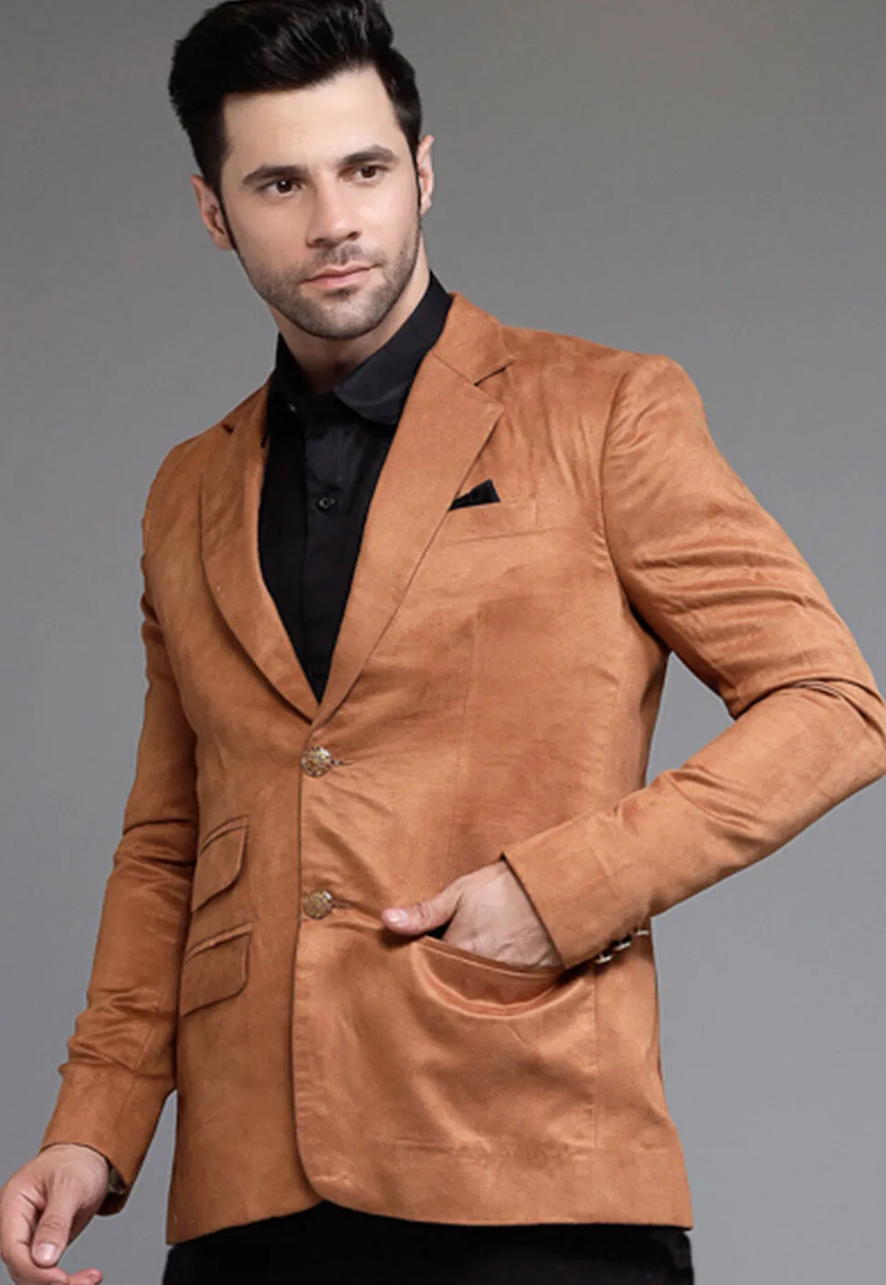 Solid Color Suede Blazer in Brown