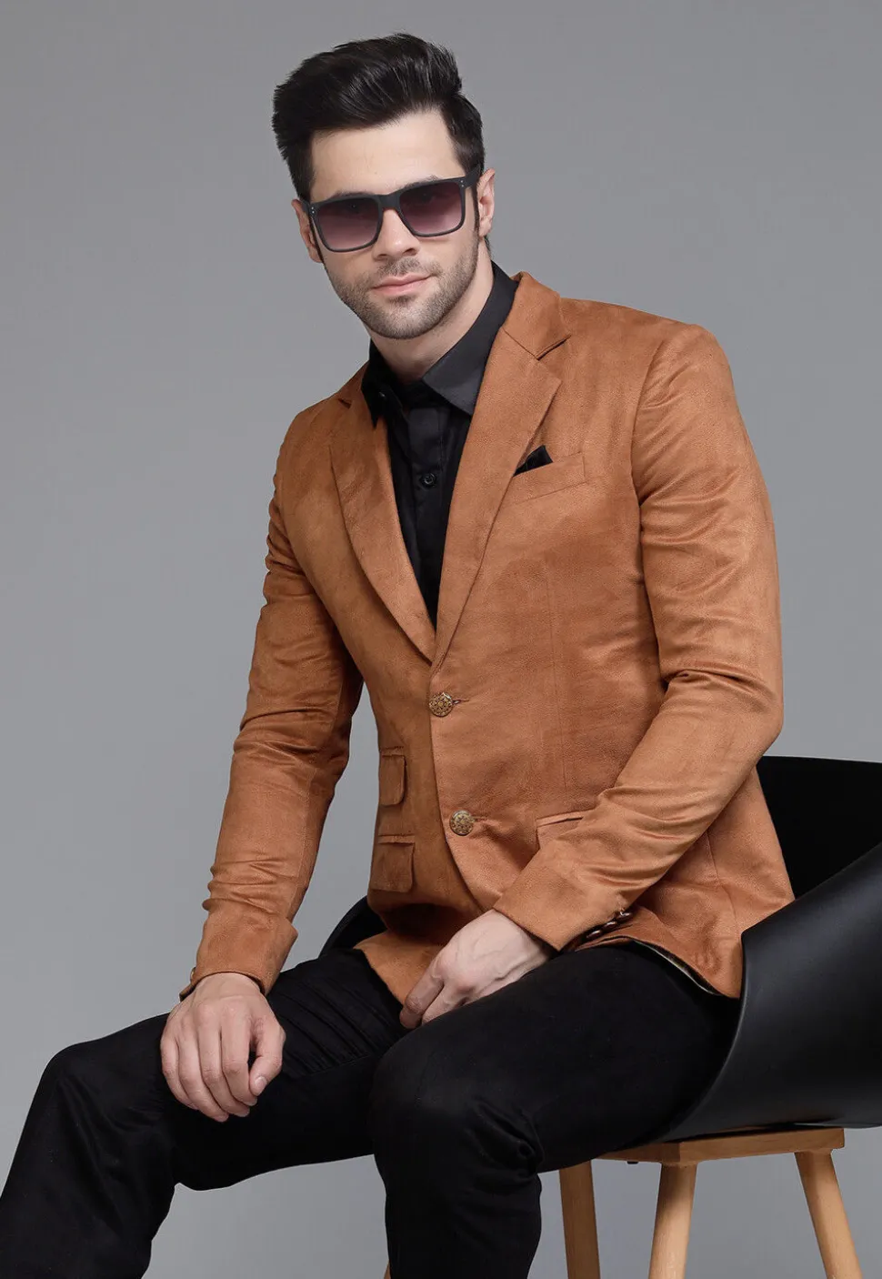 Solid Color Suede Blazer in Brown