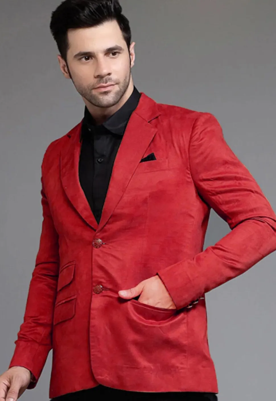 Solid Color Suede Blazer in Red