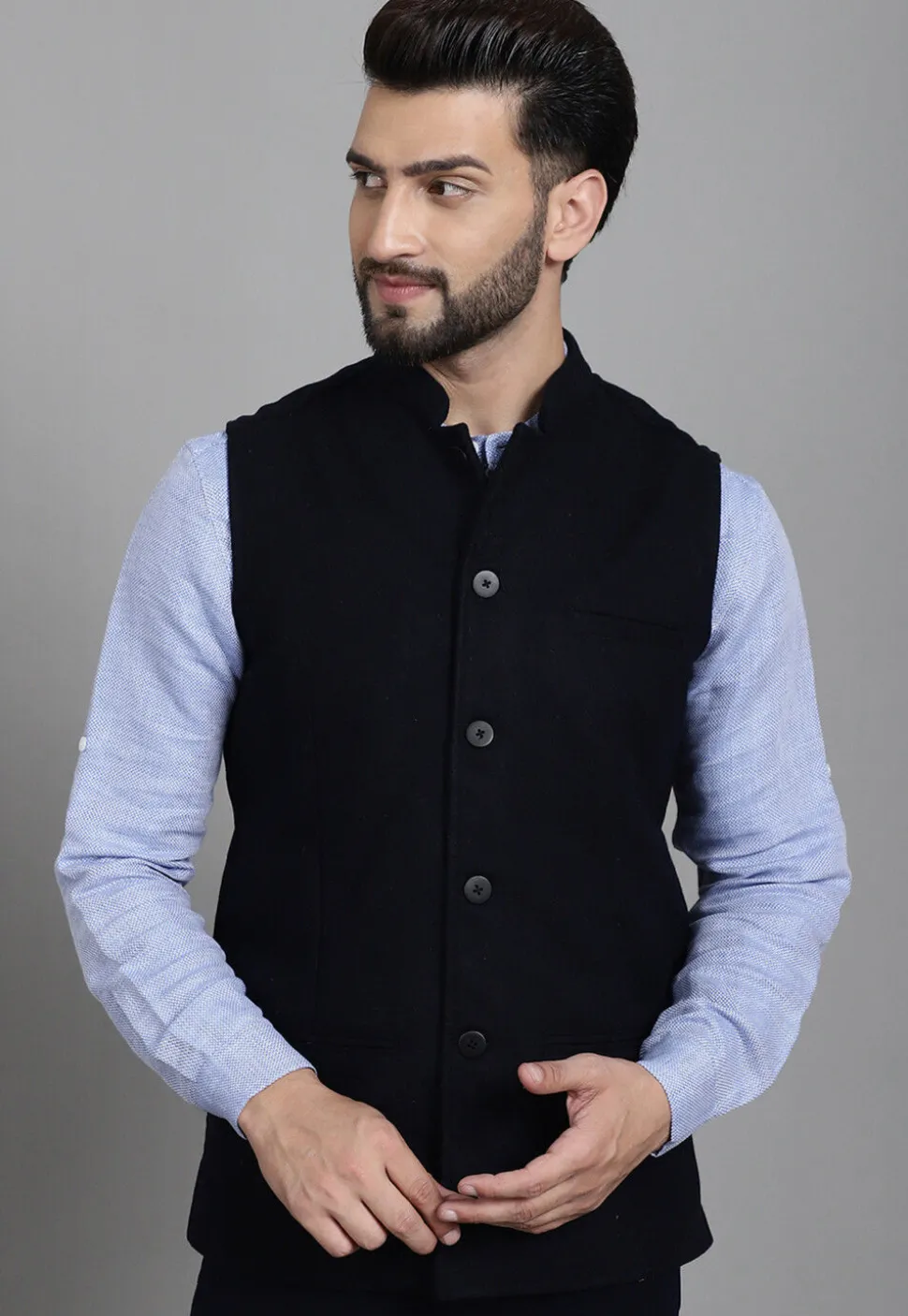 Solid Color Suede Nehru Jacket in Navy Blue