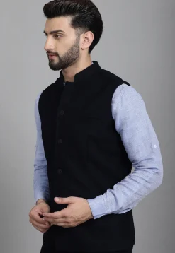 Solid Color Suede Nehru Jacket in Navy Blue