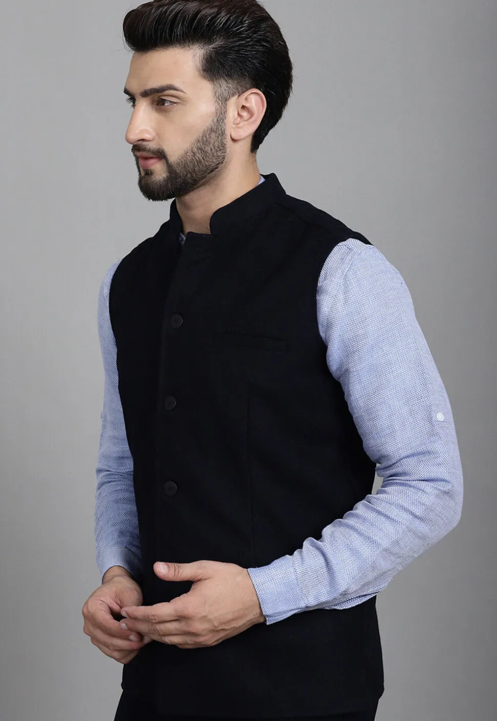 Solid Color Suede Nehru Jacket in Navy Blue