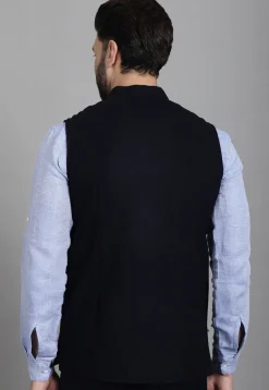 Solid Color Suede Nehru Jacket in Navy Blue