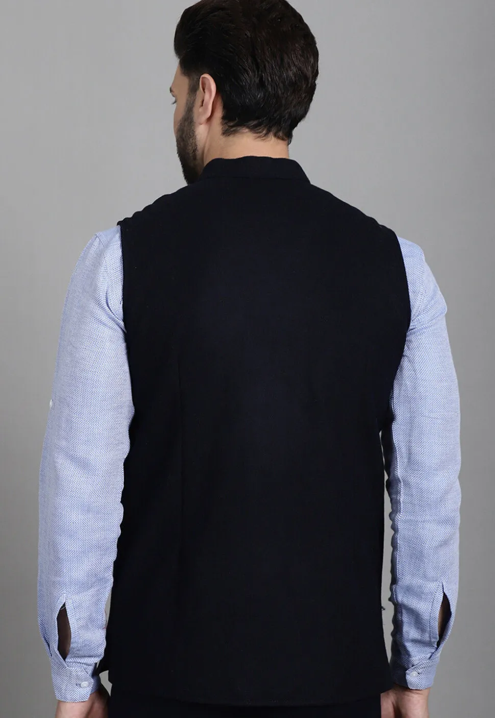 Solid Color Suede Nehru Jacket in Navy Blue