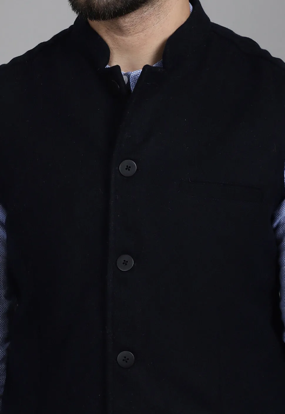 Solid Color Suede Nehru Jacket in Navy Blue