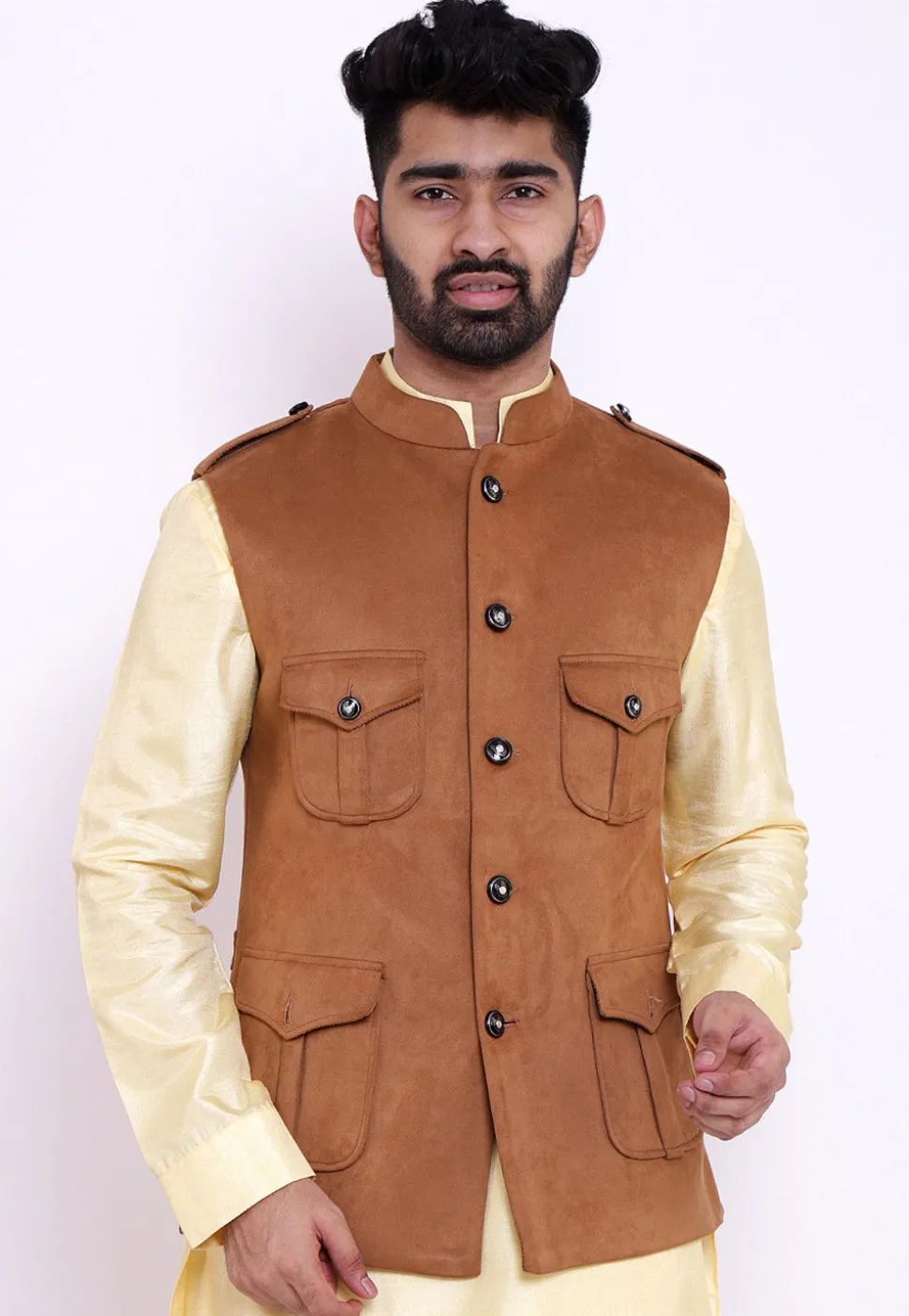 Solid Color Suede Pathani Jacket in Brown