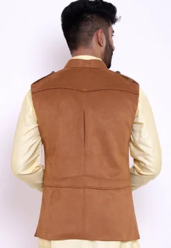 Solid Color Suede Pathani Jacket in Brown