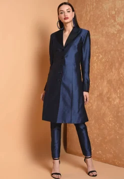 Solid Color Taffeta Silk Tunic with Pant in Dark Blue
