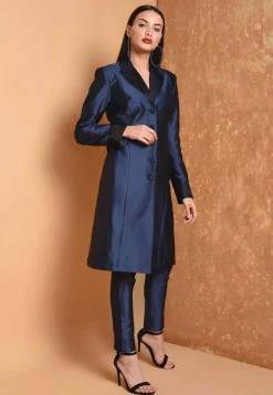 Solid Color Taffeta Silk Tunic with Pant in Dark Blue