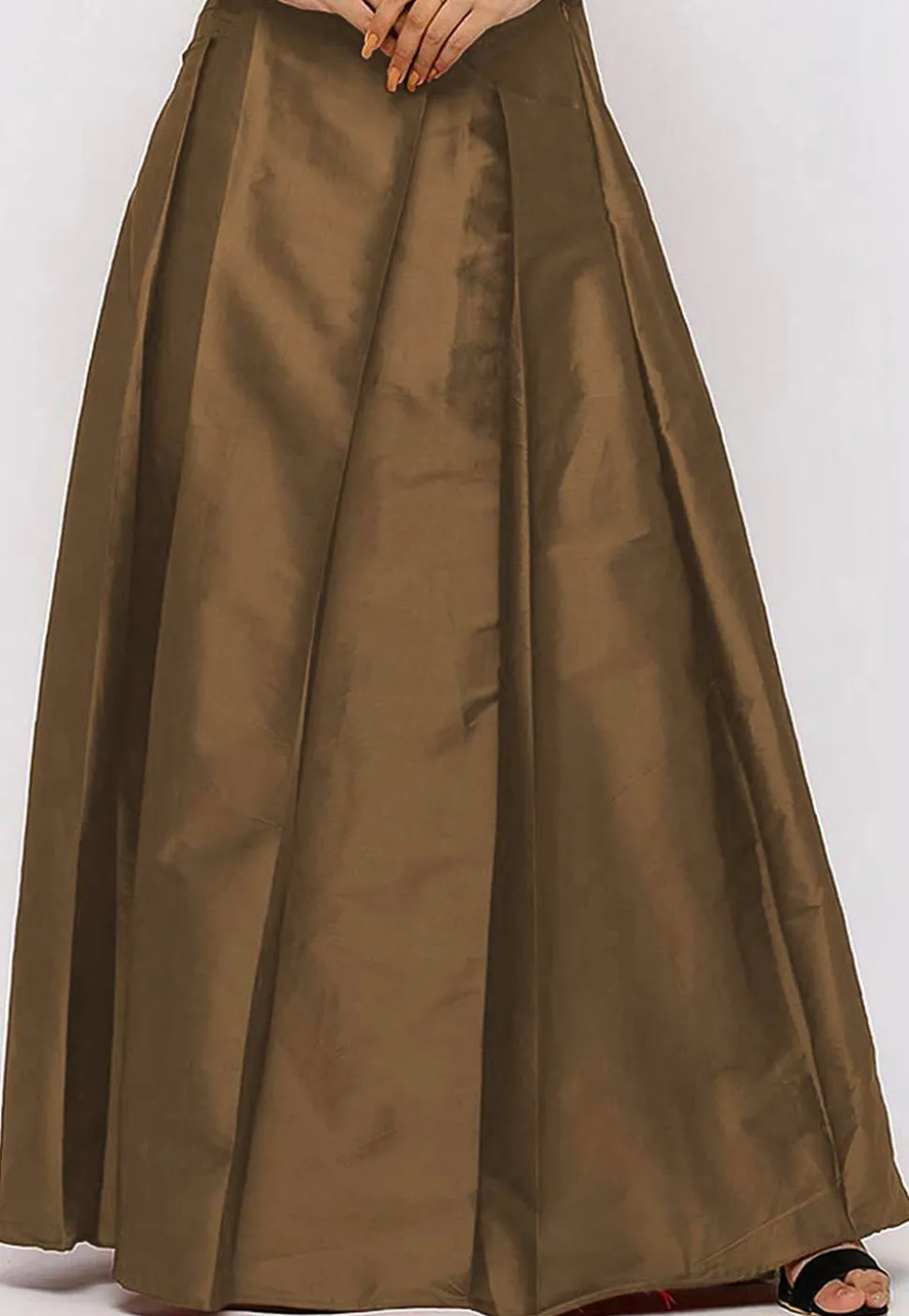 Solid Color Taffeta Silk Box Pleated Skirt in Copper