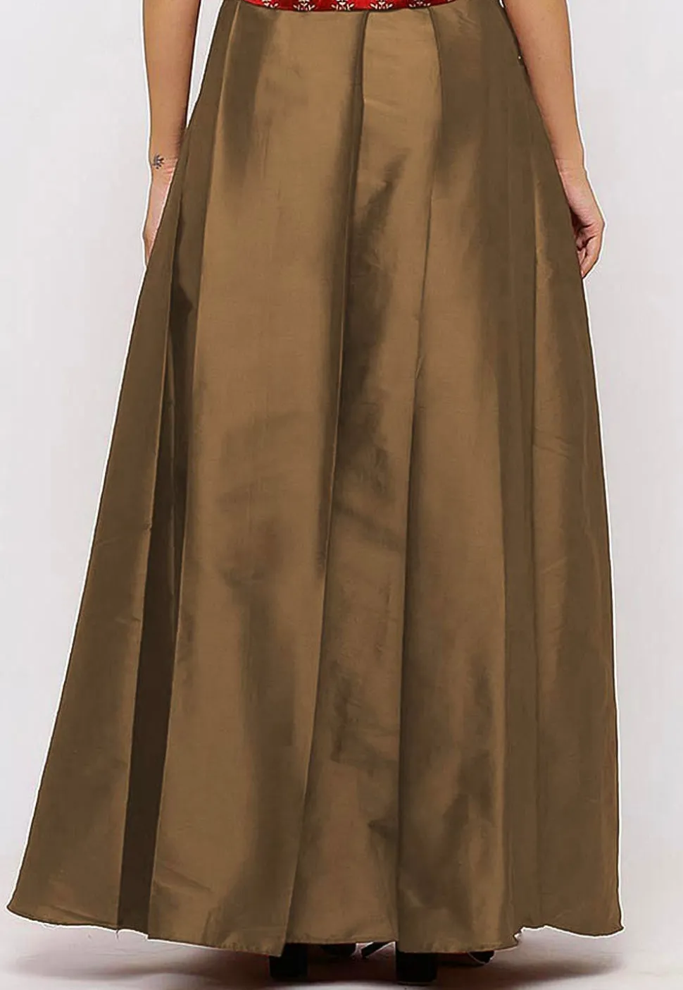 Solid Color Taffeta Silk Box Pleated Skirt in Copper