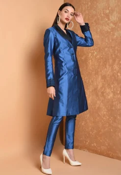 Solid Color Taffeta Silk Tunic with Pant in Royal Blue