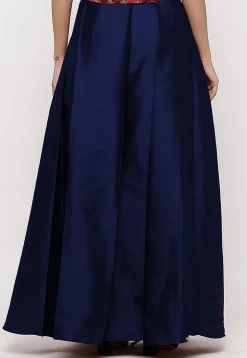 Solid Color Taffeta Silk Box Pleated Skirt in Navy Blue