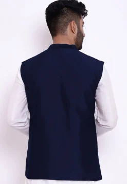 Solid Color Taffeta Silk Asymmetric Nehru Jacket in Navy Blue