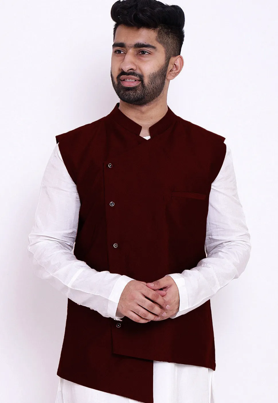 Solid Color Taffeta Silk Asymmetric Nehru Jacket in Maroon