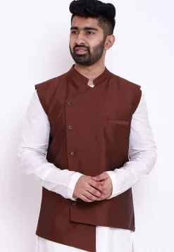 Solid Color Taffeta Silk Asymmetric Nehru Jacket in Brown
