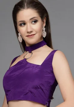 Solid Color Taffeta Silk Cut Out Blouse in Purple