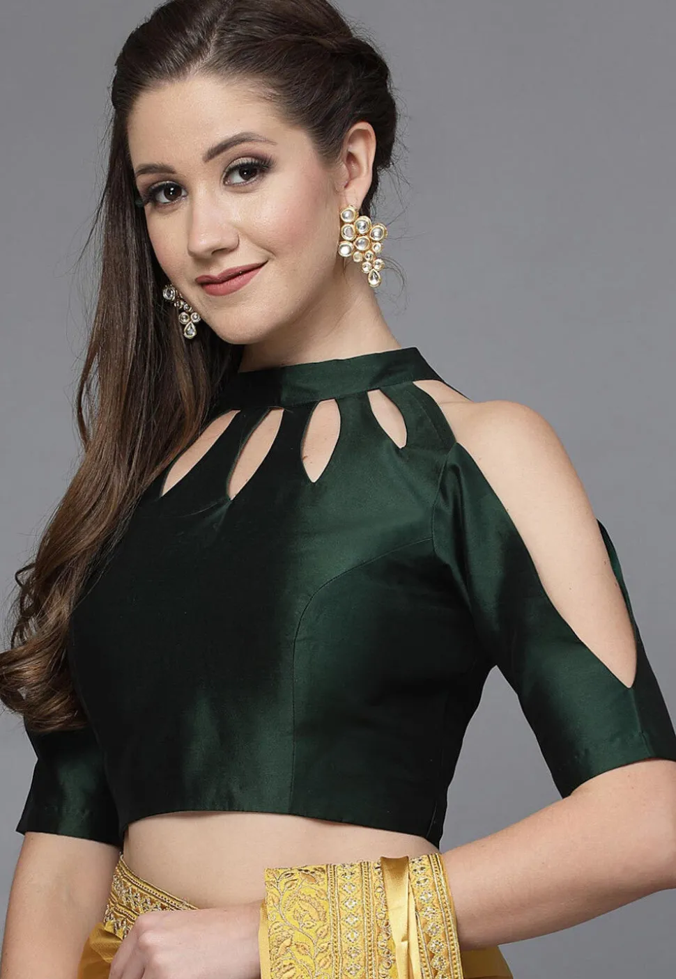 Solid Color Taffeta Silk Cut Out Blouse in Dark Green