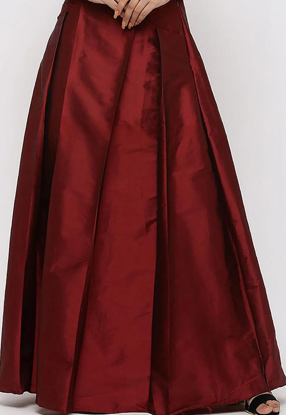 Solid Color Taffeta Silk Box Pleated Skirt in Maroon