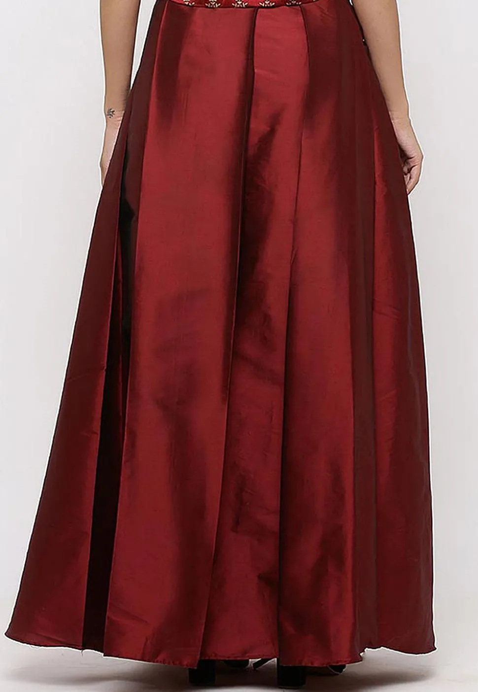 Solid Color Taffeta Silk Box Pleated Skirt in Maroon