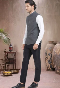Solid Color Terry Cotton Nehru Jacket in Grey