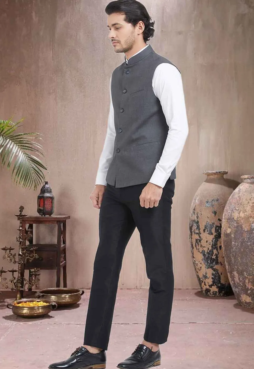 Solid Color Terry Cotton Nehru Jacket in Grey
