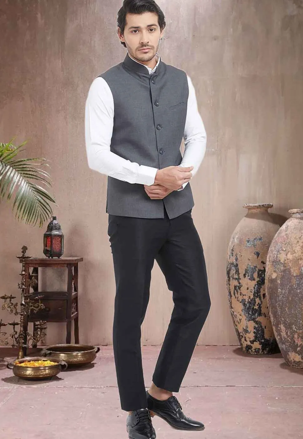 Solid Color Terry Cotton Nehru Jacket in Grey
