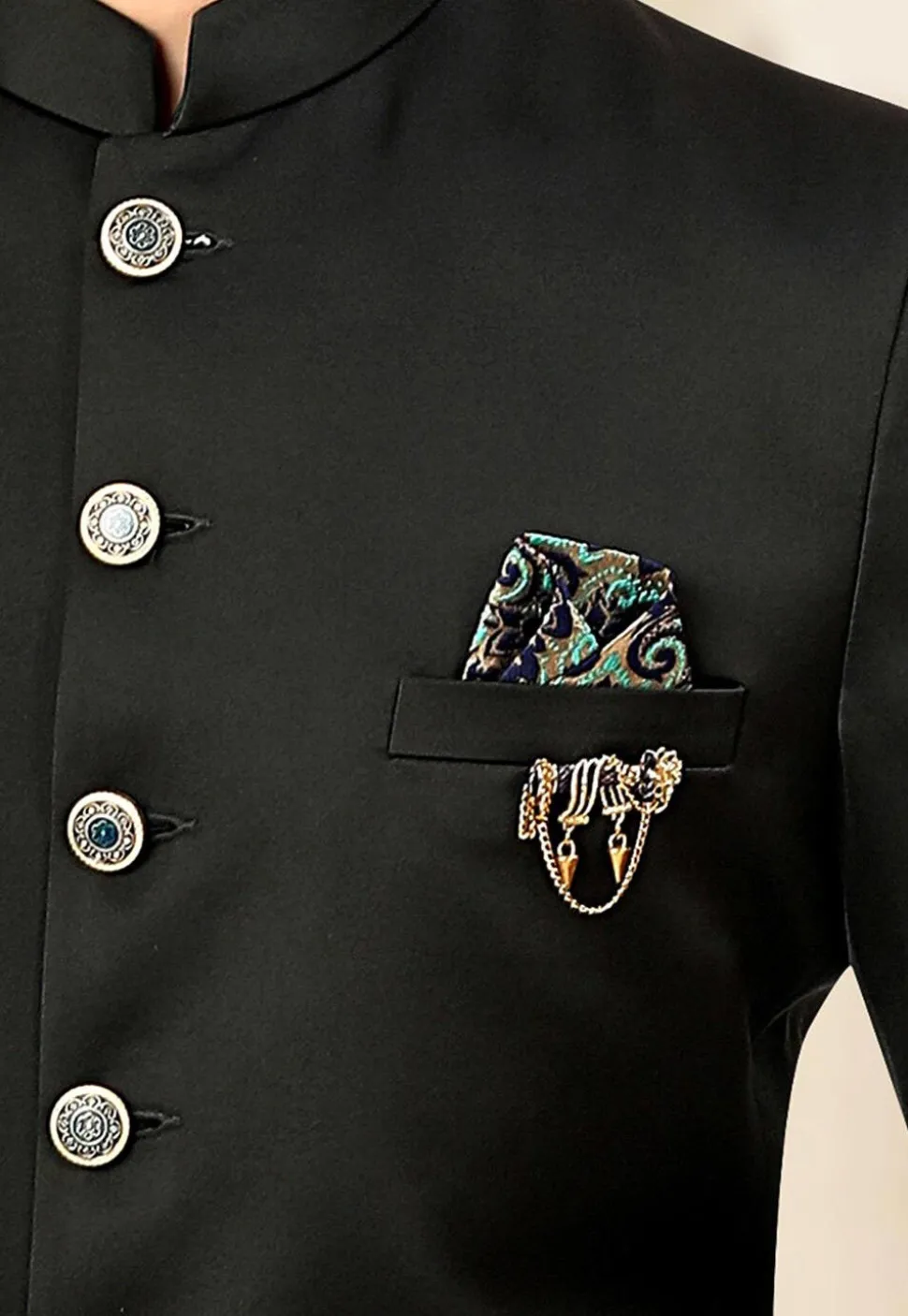 Solid Color Terry Rayon and Satin Jodhpuri Jacket in Black