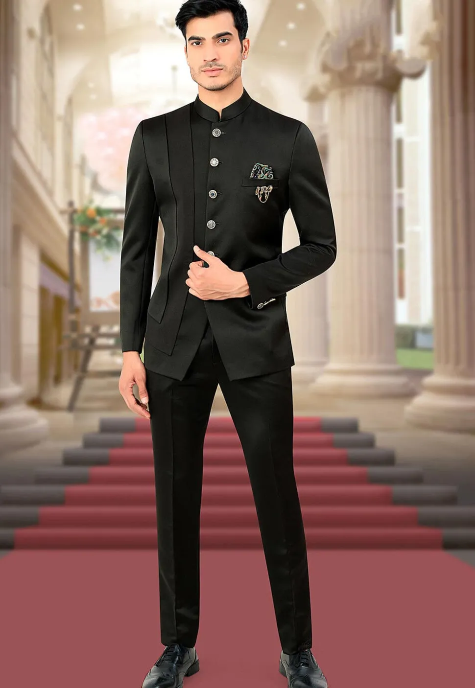Solid Color Terry Rayon and Satin Jodhpuri Jacket in Black
