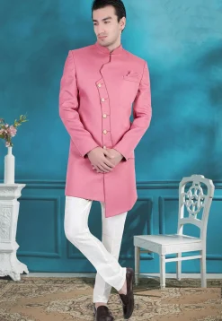 Solid Color Terry Rayon Asymmetric Sherwani in Pink