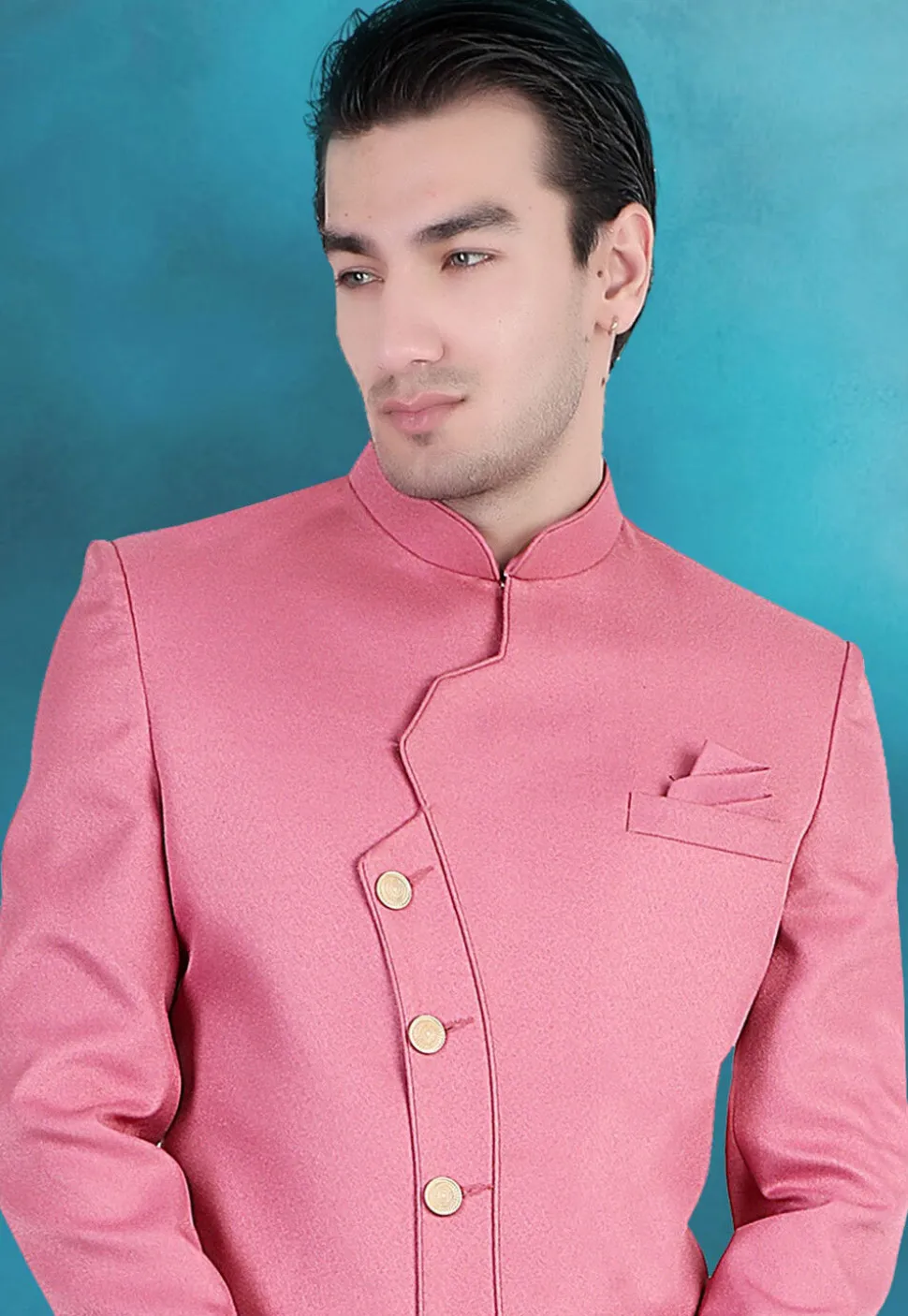 Solid Color Terry Rayon Asymmetric Sherwani in Pink