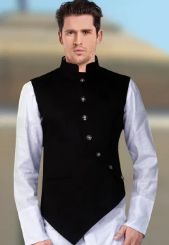 Solid Color Terry Rayon Asymmetric Nehru Jacket in Black