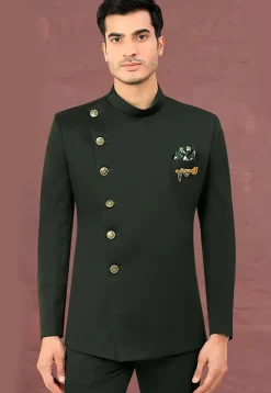 Solid Color Terry Rayon Asymmetric Jodhpuri Jacket in Dark Green