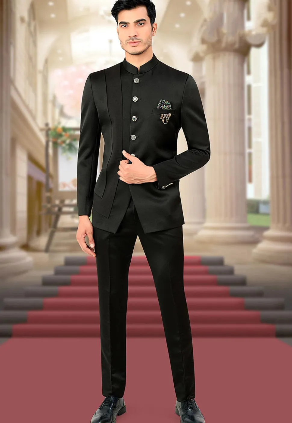Solid Color Terry Rayon and Satin Jodhpuri Set in Black