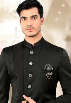 Solid Color Terry Rayon and Satin Jodhpuri Set in Black