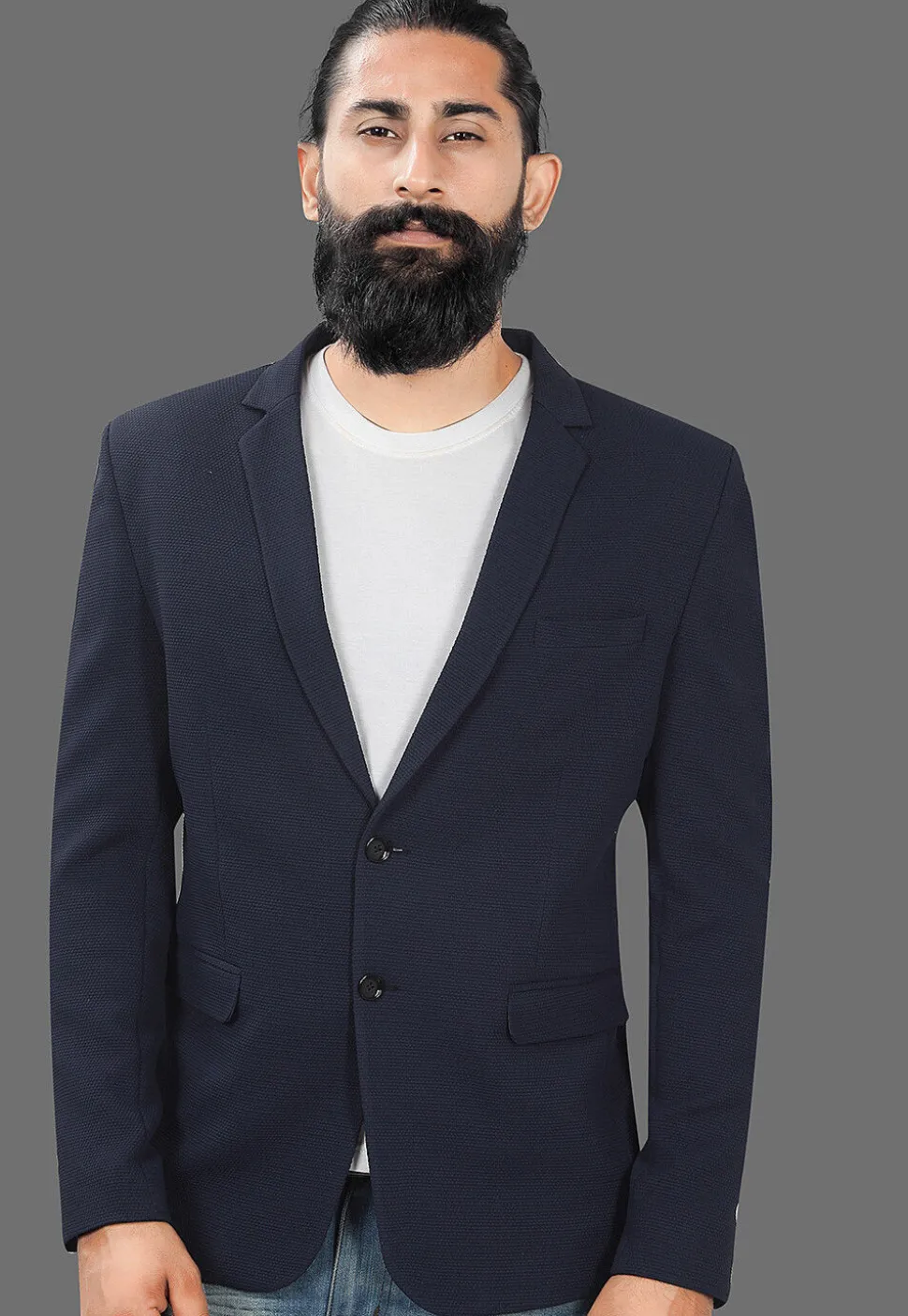 Solid Color Terry Rayon Blazer in Navy Blue