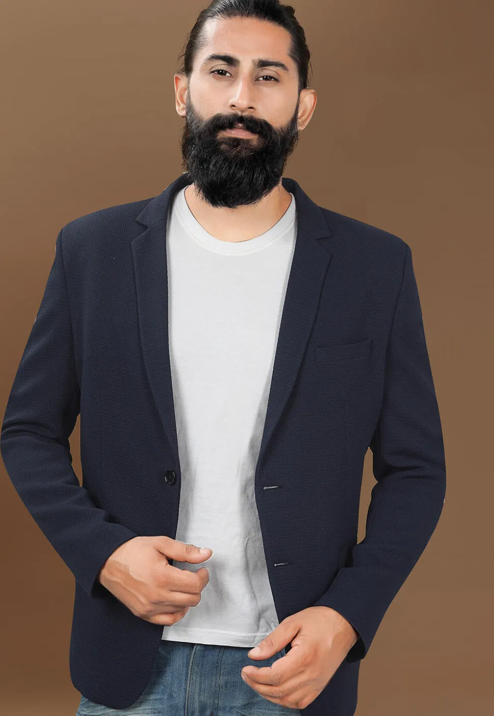 Solid Color Terry Rayon Blazer in Navy Blue
