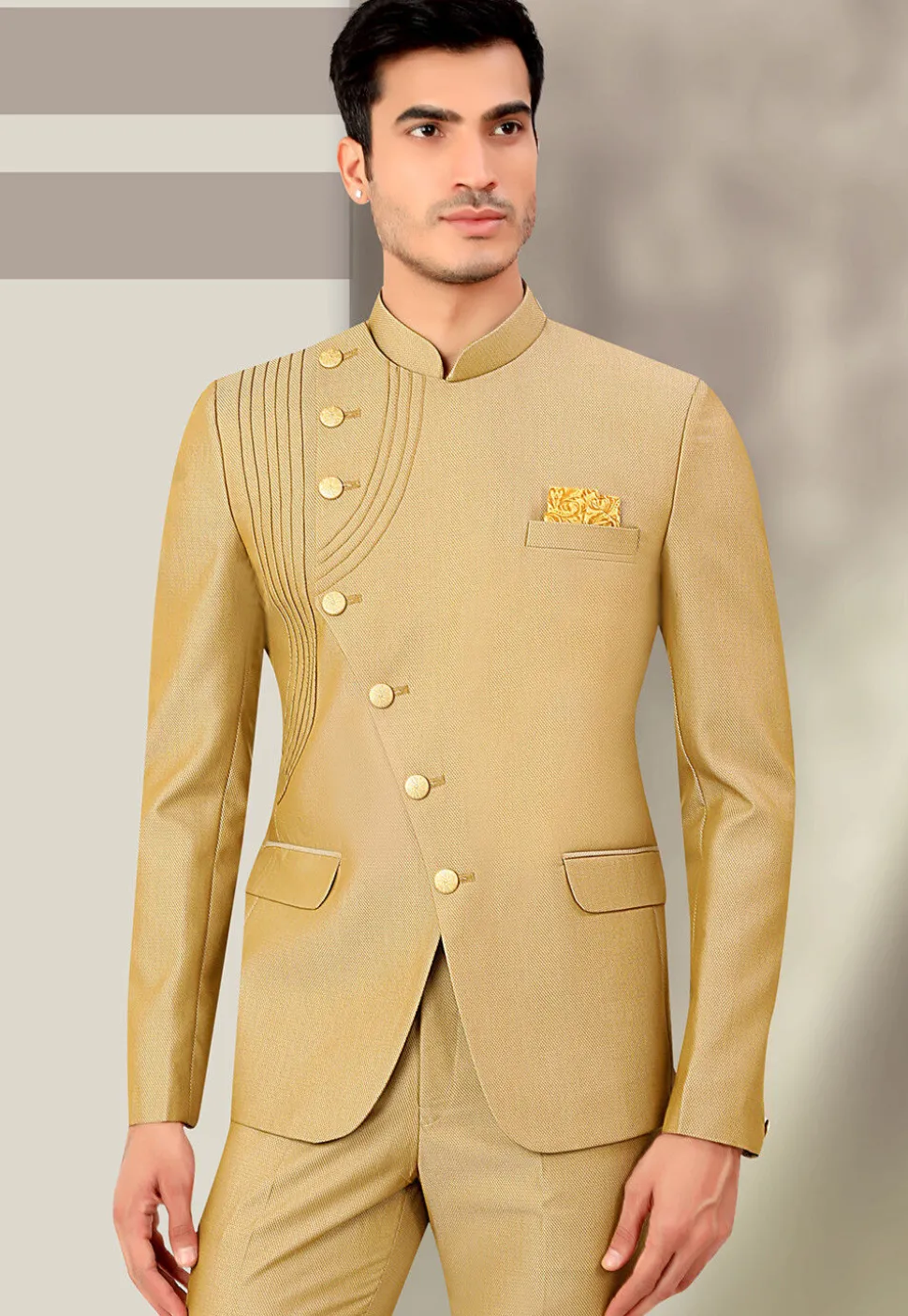 Solid Color Terry Rayon Jodhpuri Jacket in Beige