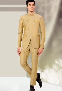 Solid Color Terry Rayon Jodhpuri Jacket in Beige