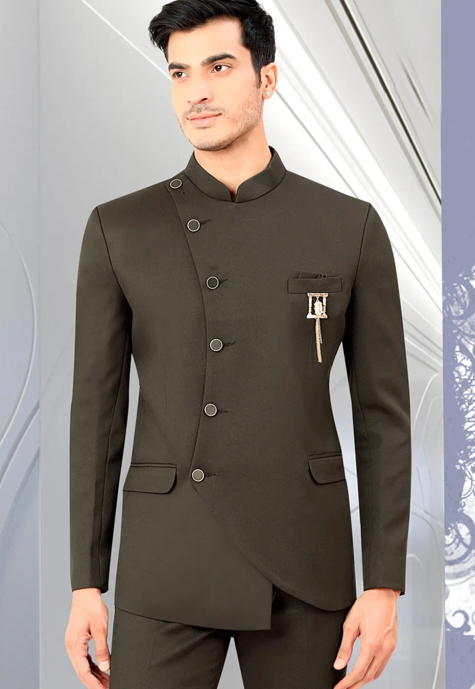 Solid Color Terry Rayon Jodhpuri Jacket in Dark Grey