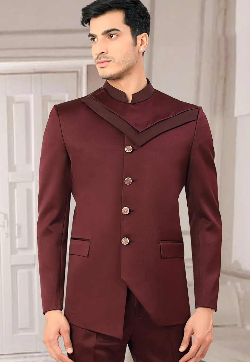 Solid Color Terry Rayon Jodhpuri Suit in Maroon