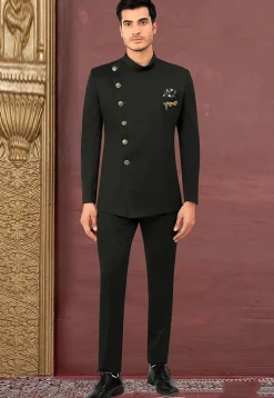 Solid Color Terry Rayon Jodhpuri Suit in Black