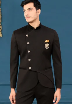 Solid Color Terry Rayon Jodhpuri Suit in Black