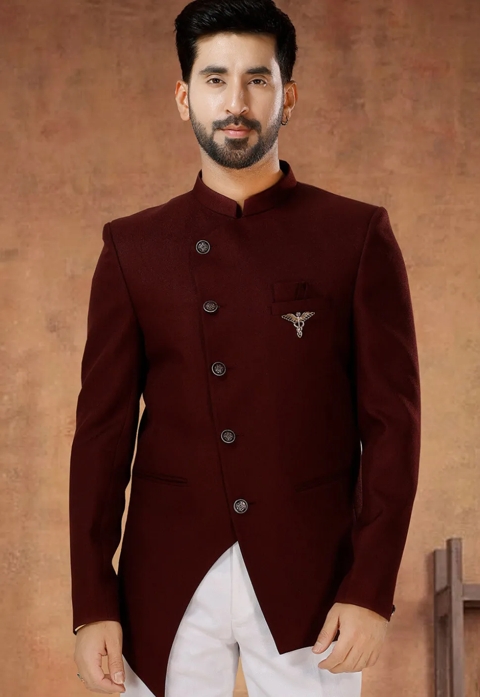 Solid Color Terry Rayon Jodhpuri Suit in Maroon