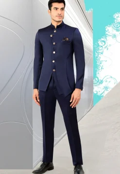 Solid Color Terry Rayon Jodhpuri Suit in Navy Blue
