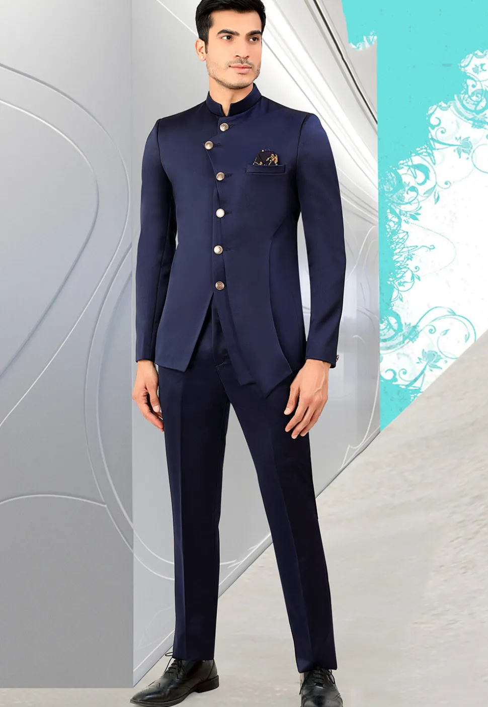 Solid Color Terry Rayon Jodhpuri Suit in Navy Blue