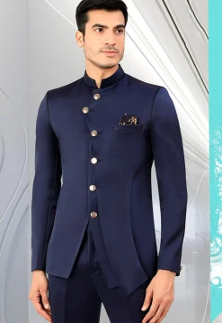 Solid Color Terry Rayon Jodhpuri Suit in Navy Blue