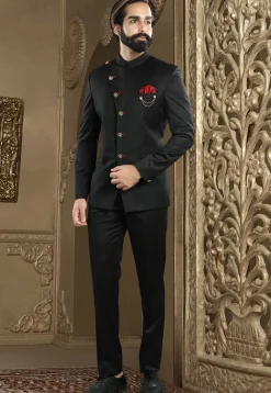 Solid Color Terry Rayon Jodhpuri Suit in Black