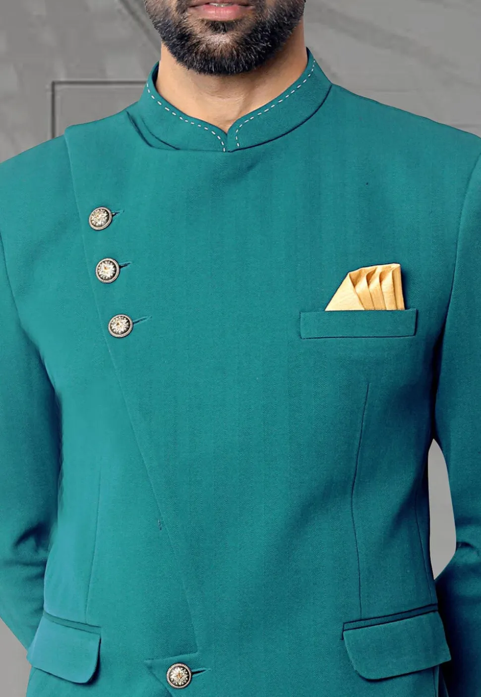 Solid Color Terry Rayon Jodhpuri Suit in Teal Blue