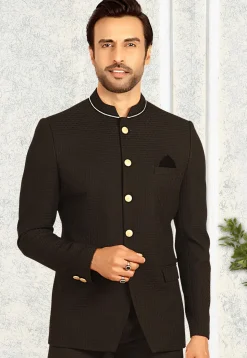 Solid Color Terry Rayon Jodhpuri Jacket in Black